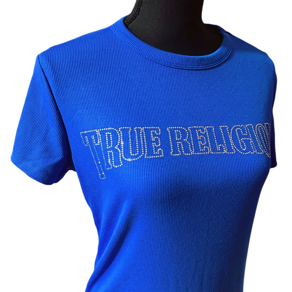 SOLD 🚫 NWT TRUE RELIGION Victoria Blue Ribbing Rhinestone Logo Crewneck Tee